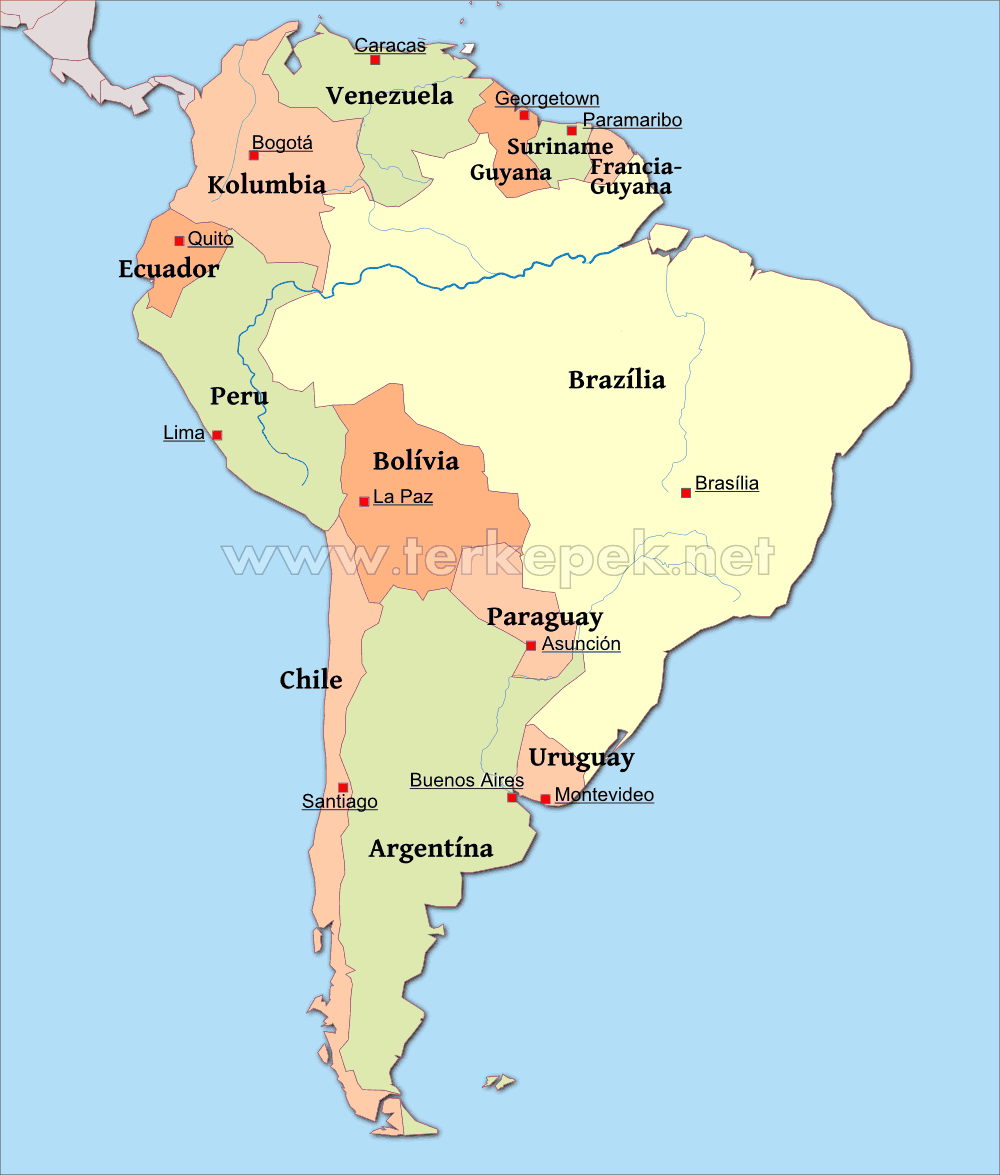 amerika városai térkép Dél Amerika politikai térképe Dél Amerika országaival amerika városai térkép